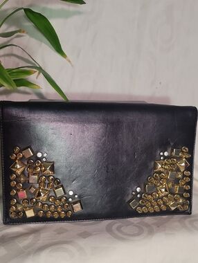 bebe Black Leather Clutch with Rhinestone & Gold Stud Embellishments